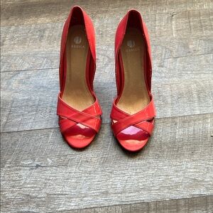 Jessica Pink Coral Patent Peep-Toe Crossover Heels